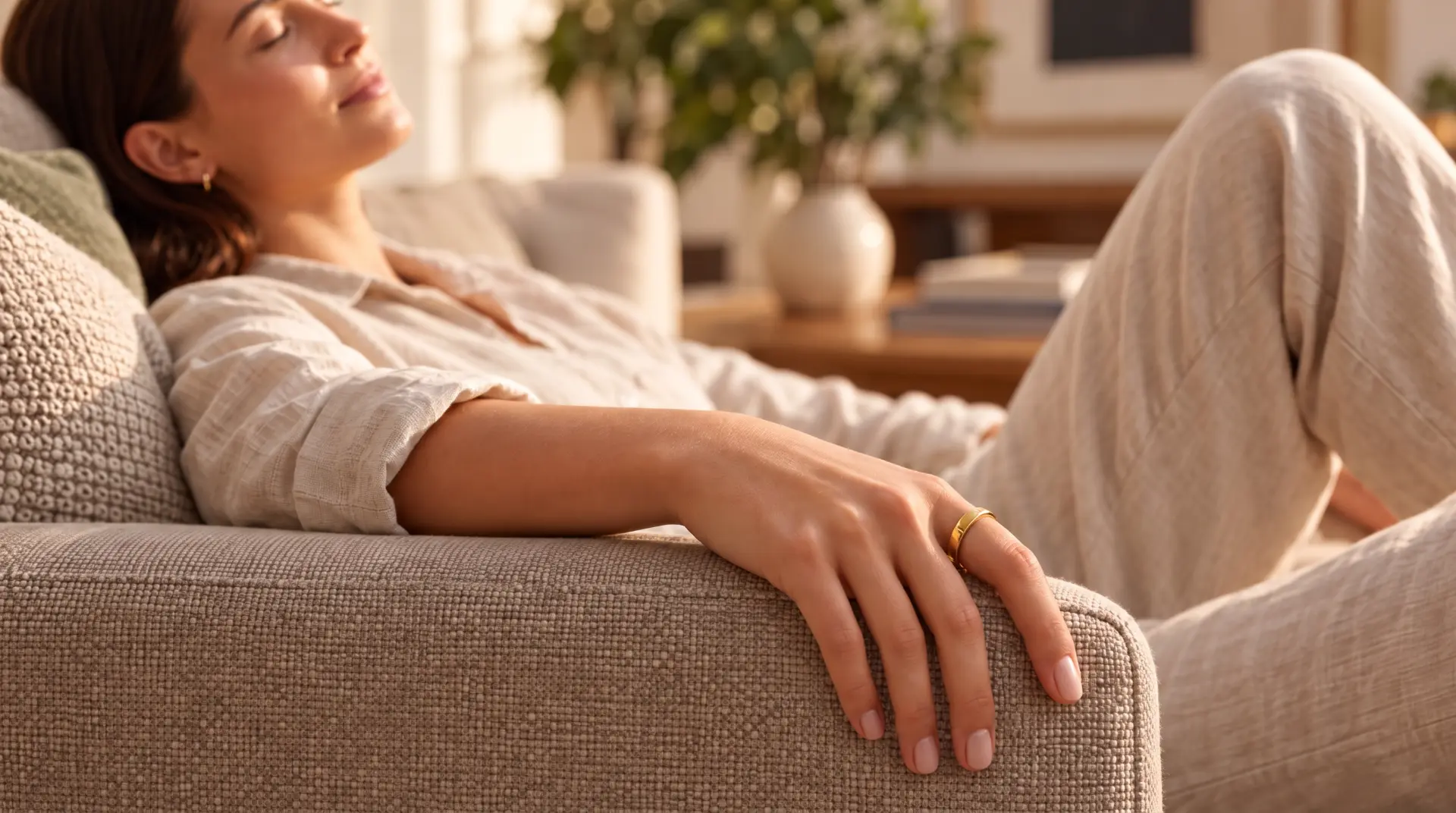 A woman resting on a sofa with a gold ring on her index finger