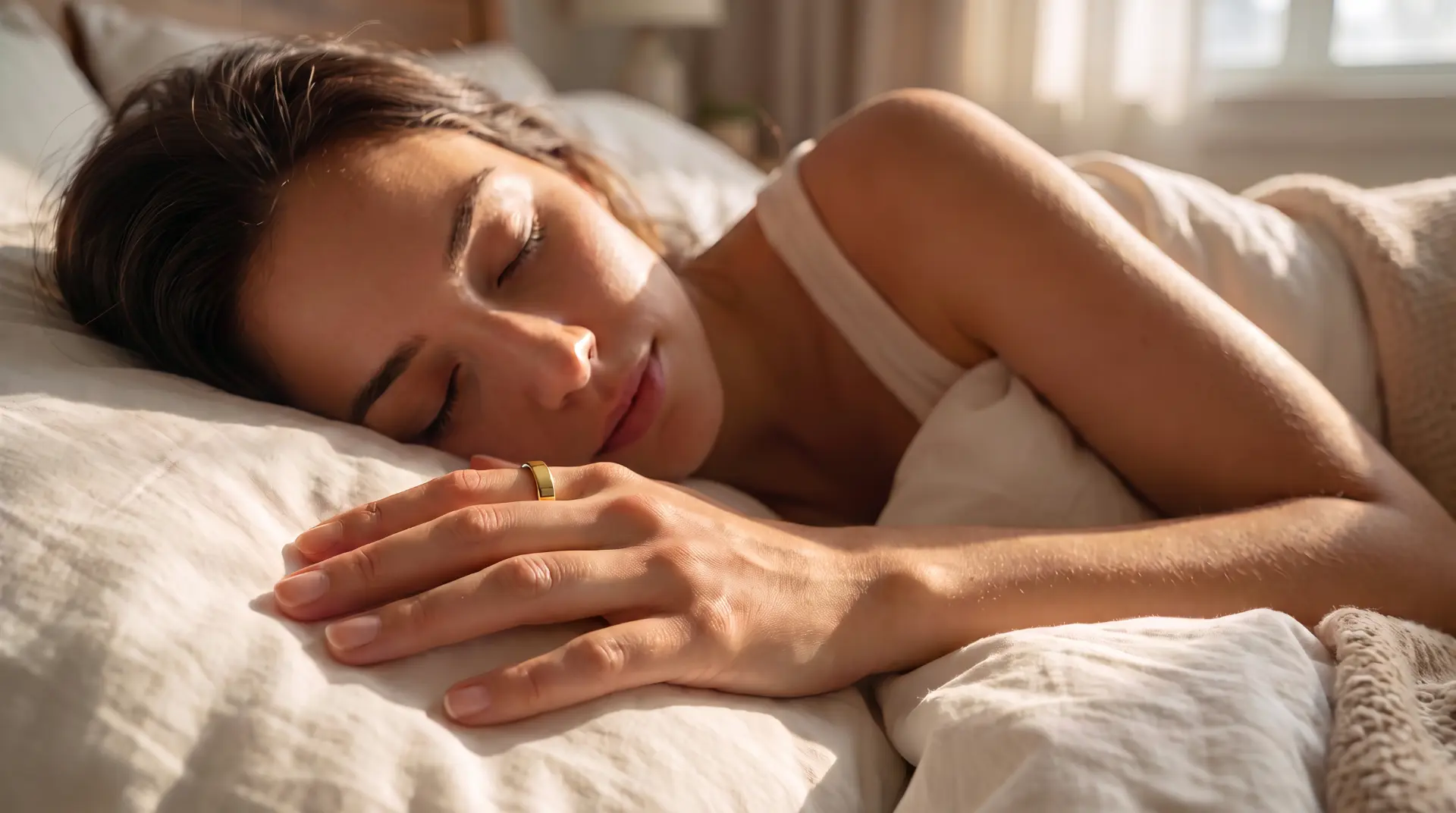 A woman resting in bed with a gold ring on her index finger
