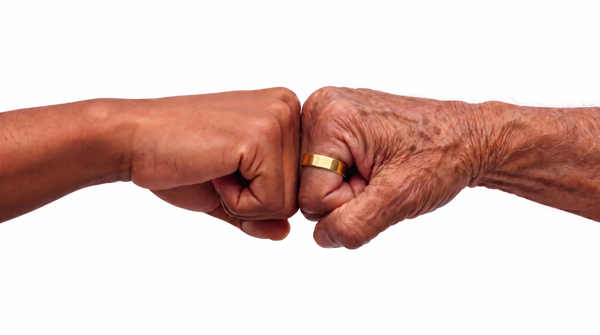 Younger and older hands sharing a fist bump, with a flat gold ring on the older hand
