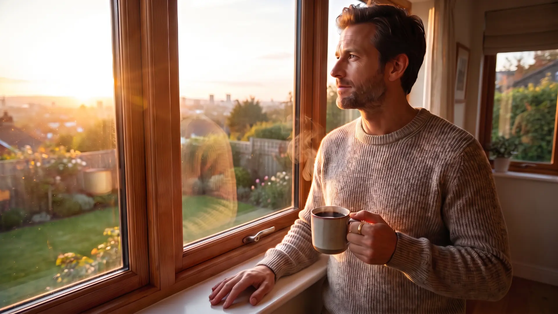 A man wearing a gold ring, enjoying morning coffee by a window